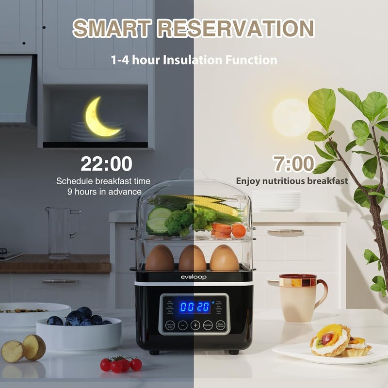 evoloop 2 Tiers Electric Food Steamer for Cooking, 4 QT Digital Multi Vegetable Steamer with BPA-Free Stackable Baskets, Rapid Egg Cooker Egg Steamer with Auto Shut-Off, Ideal for Veggies, Seafood, Rice - Image 4